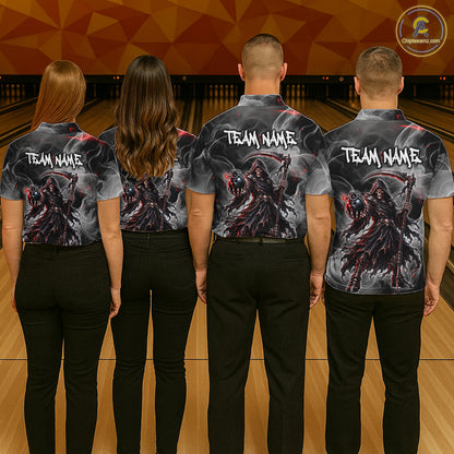Four people standing from the back in a bowling alley, wearing matching short-sleeve bowling shirts with a dark fantasy grim reaper graphic and 'TEAM NAME' printed across the back.
