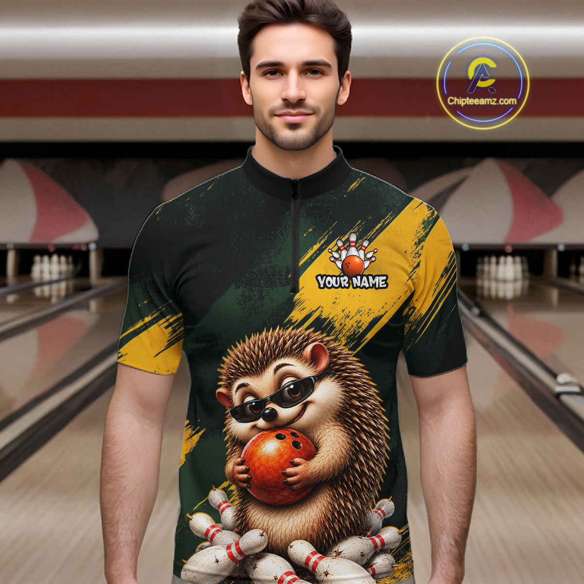 A man wearing a custom bowling-themed short-sleeve quarter-zip shirt with a cartoon hedgehog graphic and 'YOUR NAME' placeholder text, set against a blurred bowling alley background.
