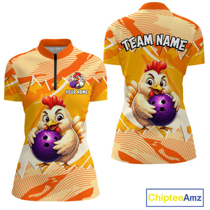 Custom Orange Funny Chicken Bowling Shirt for Women Bowling Team Jersey Polo & 1/4-Zip QZT1009