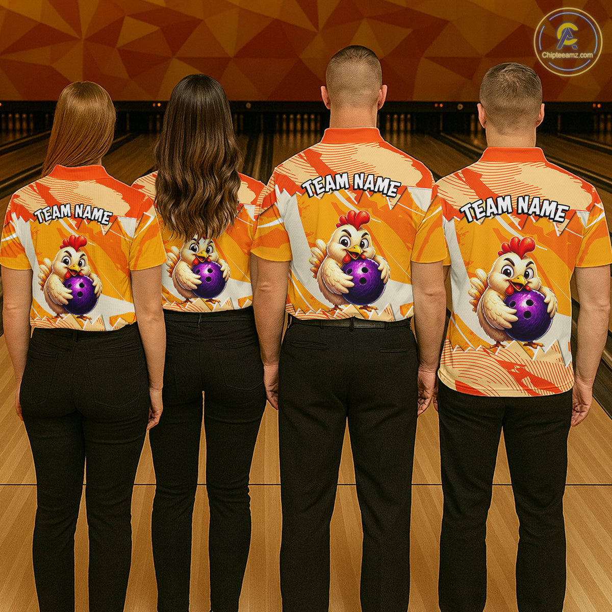 Four people wearing matching bowling shirts with a cartoon chicken and ball design on a bowling alley.