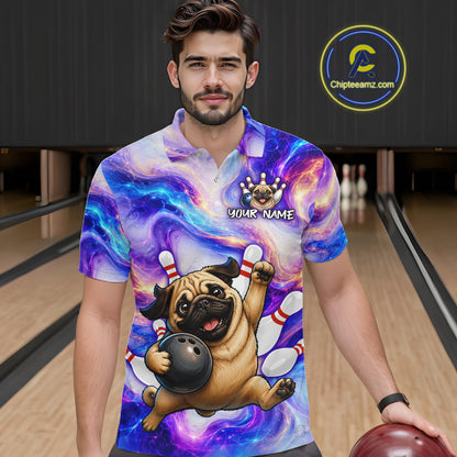 Man wearing a colorful polo shirt with a pug design in a bowling alley.