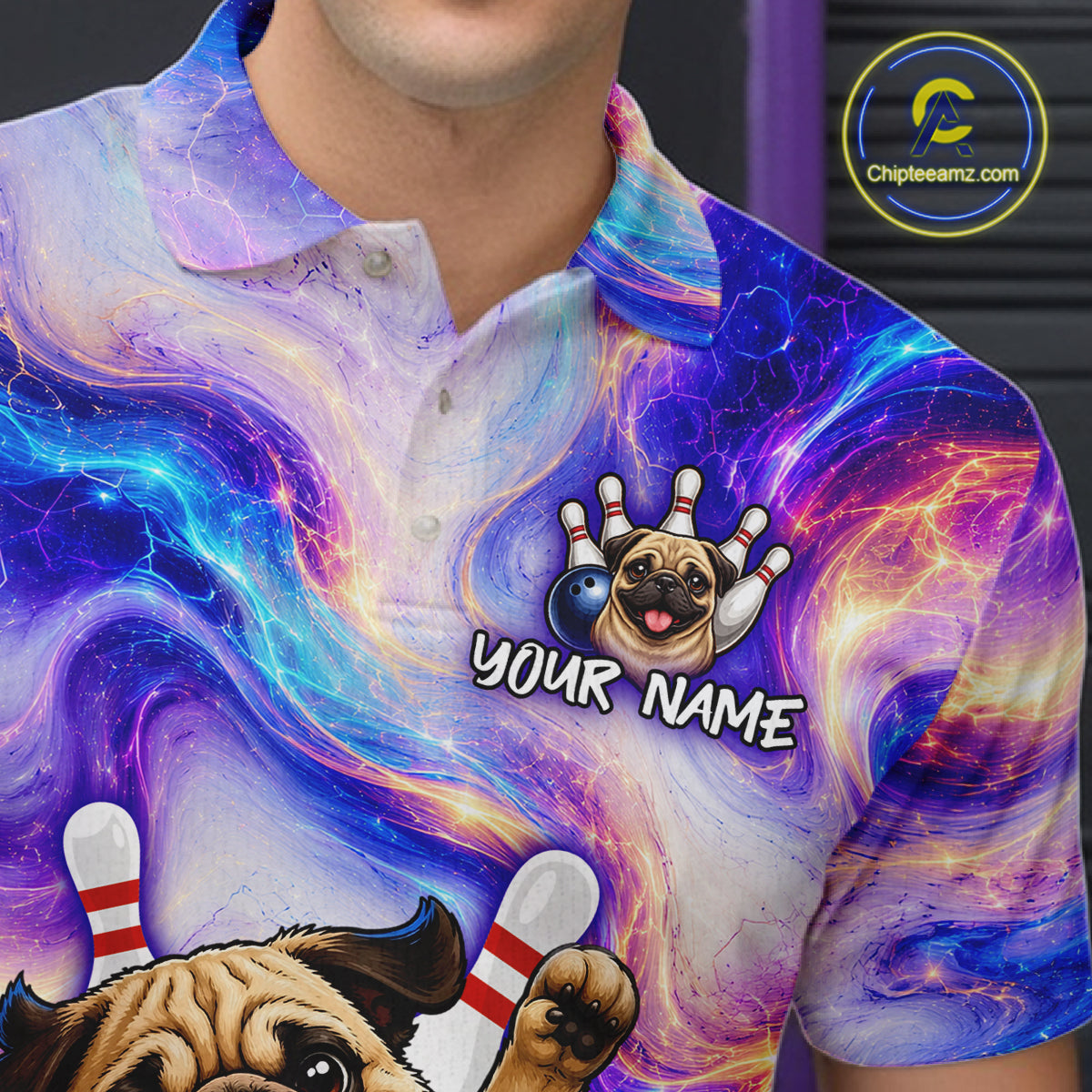 Colorful polo shirt with pug and bowling design, personalized with 'Your Name'.