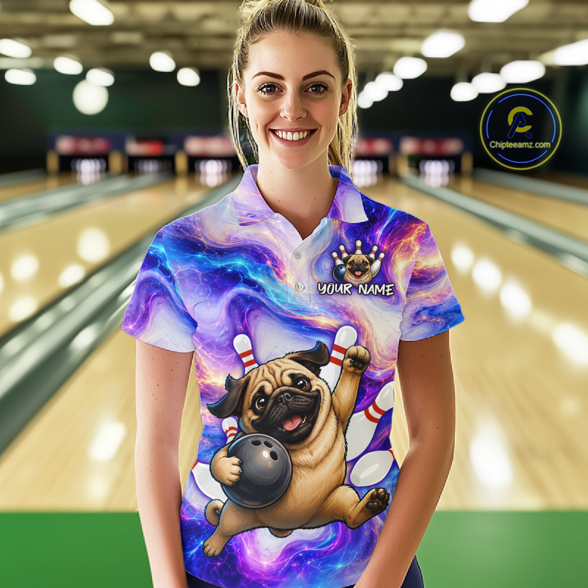 Woman wearing a colorful bowling shirt with a pug design in a bowling alley.