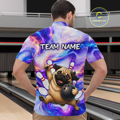 Person wearing a colorful shirt with a pug graphic and 'TEAM NAME' text in a bowling alley.