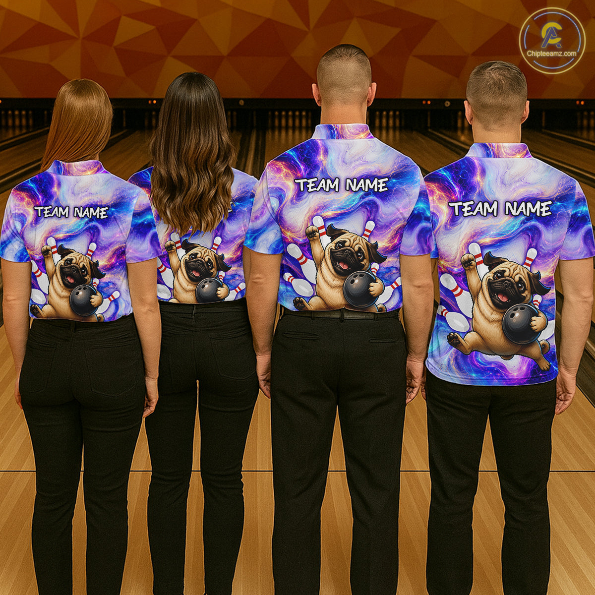 Four people wearing bowling shirts with pug graphics and 'Team Name' text on a bowling alley.