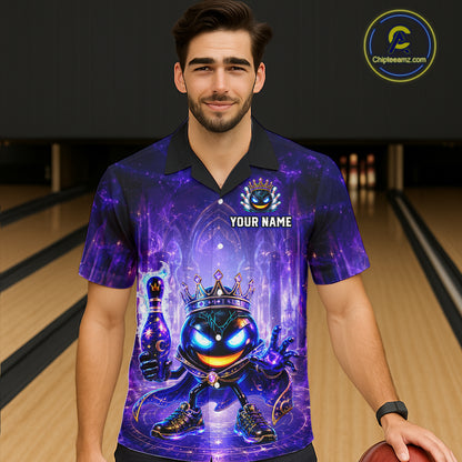 Man wearing a custom bowling shirt with a colorful design in a bowling alley.