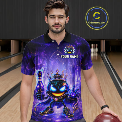 Man wearing a purple bowling shirt with a character design and 'Your Name' text, holding a bowling ball in a bowling alley.