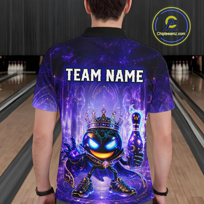 Person wearing a vibrant bowling shirt with a team name placeholder at a bowling alley.
