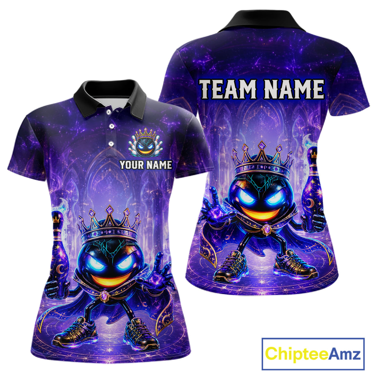 Purple polo shirt with a cartoon character and customizable text on a white background