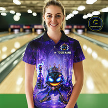 Load image into Gallery viewer, Person wearing a custom bowling shirt with a design and text overlay in a bowling alley.