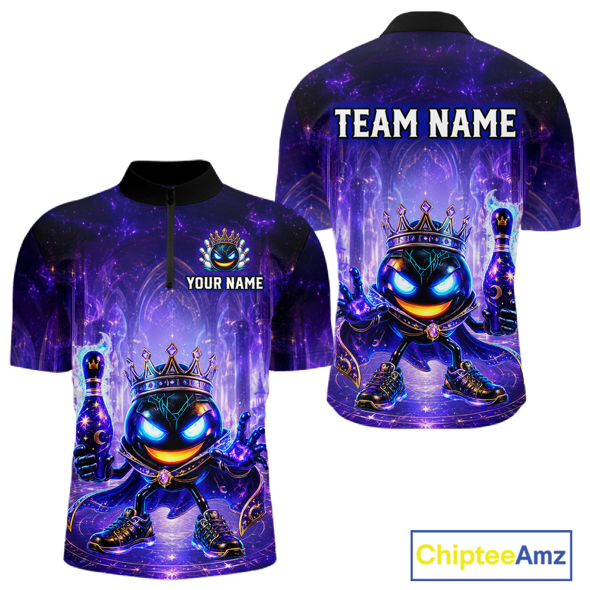 Purple gaming jersey with a character design and customizable text on a white background