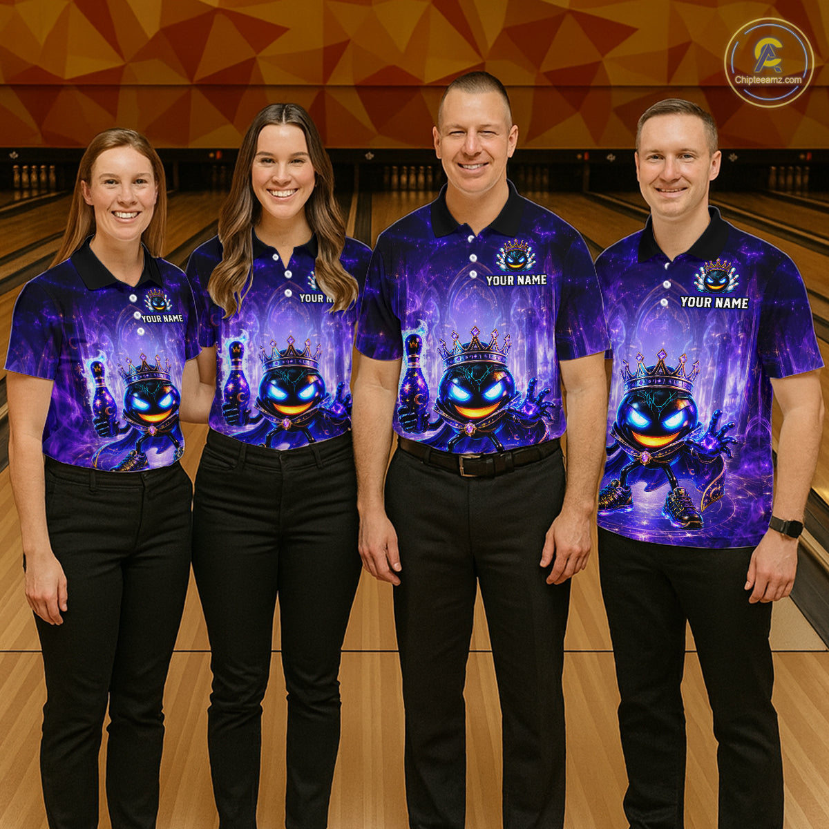 Four people wearing matching purple bowling shirts with a logo on a bowling alley background.