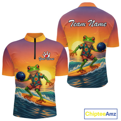 Front and back views of a short-sleeve quarter-zip performance shirt featuring a colorful graphic of a green frog surfing on an orange surfboard at sunset while holding a blue bowling ball. The front has a black zipper, a white bowling pin graphic, and customizable text placeholders.