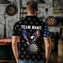 Load image into Gallery viewer, Back view of a male model showing off a patriotic darts shirt, featuring a striking bald eagle and dartboard graphic along with a customizable team name.