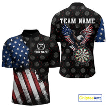 Load image into Gallery viewer, Front and back views of a custom quarter-zip darts shirt, highlighted by a distressed US flag, bald eagle dartboard graphic, and team name