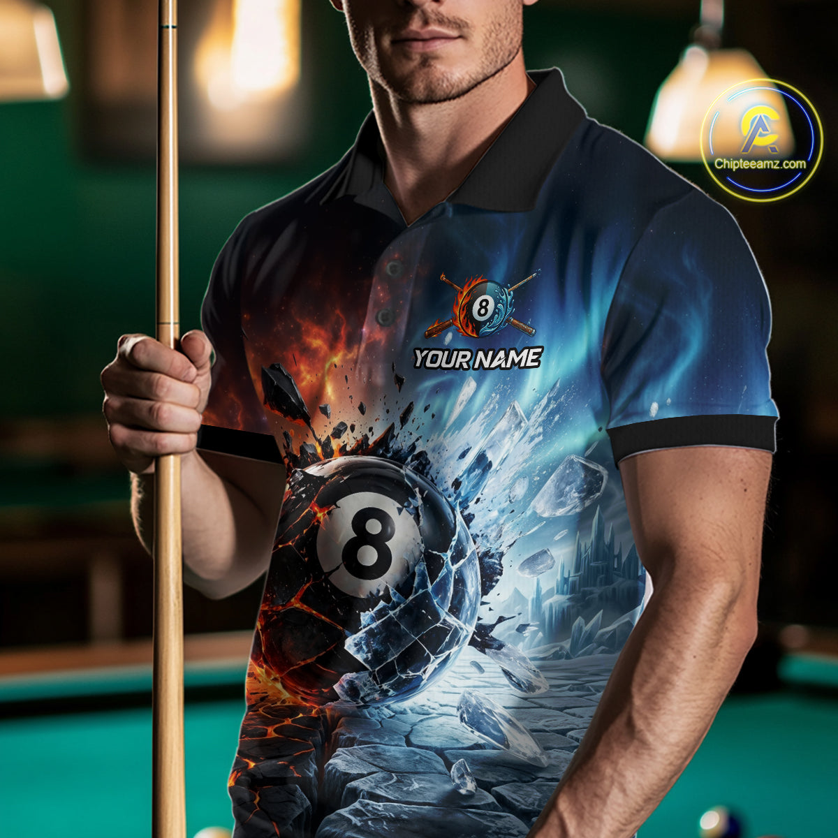 Person wearing a polo shirt with a pool ball design, holding a pool cue in a billiards setting.