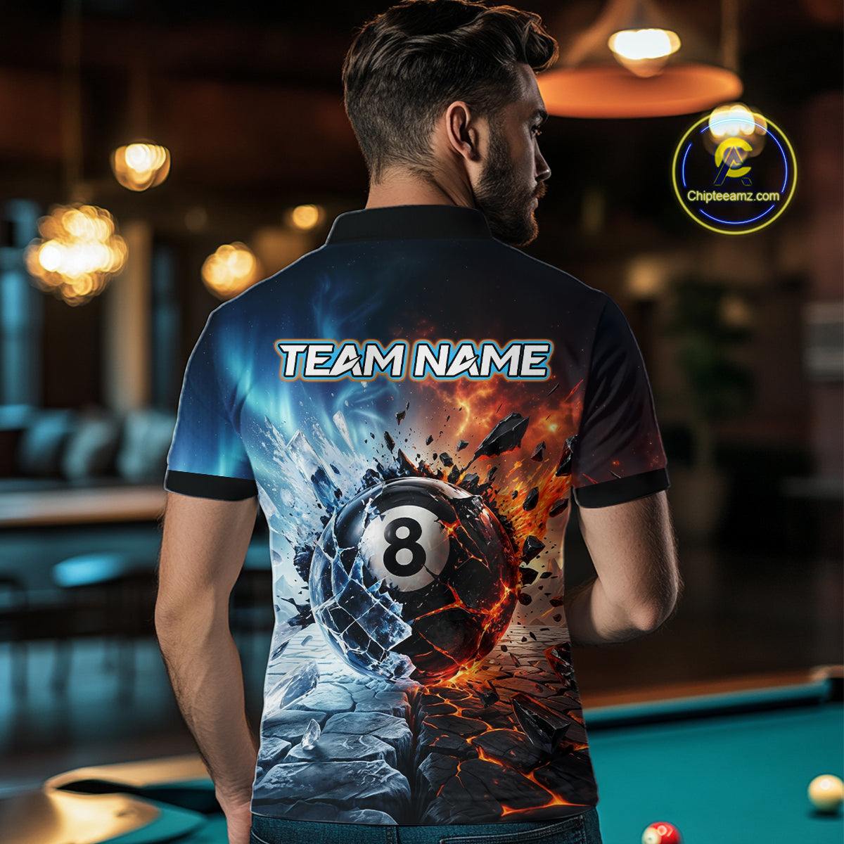 Man wearing a custom polo shirt with a pool ball design and 'Team Name' text in a bar setting.