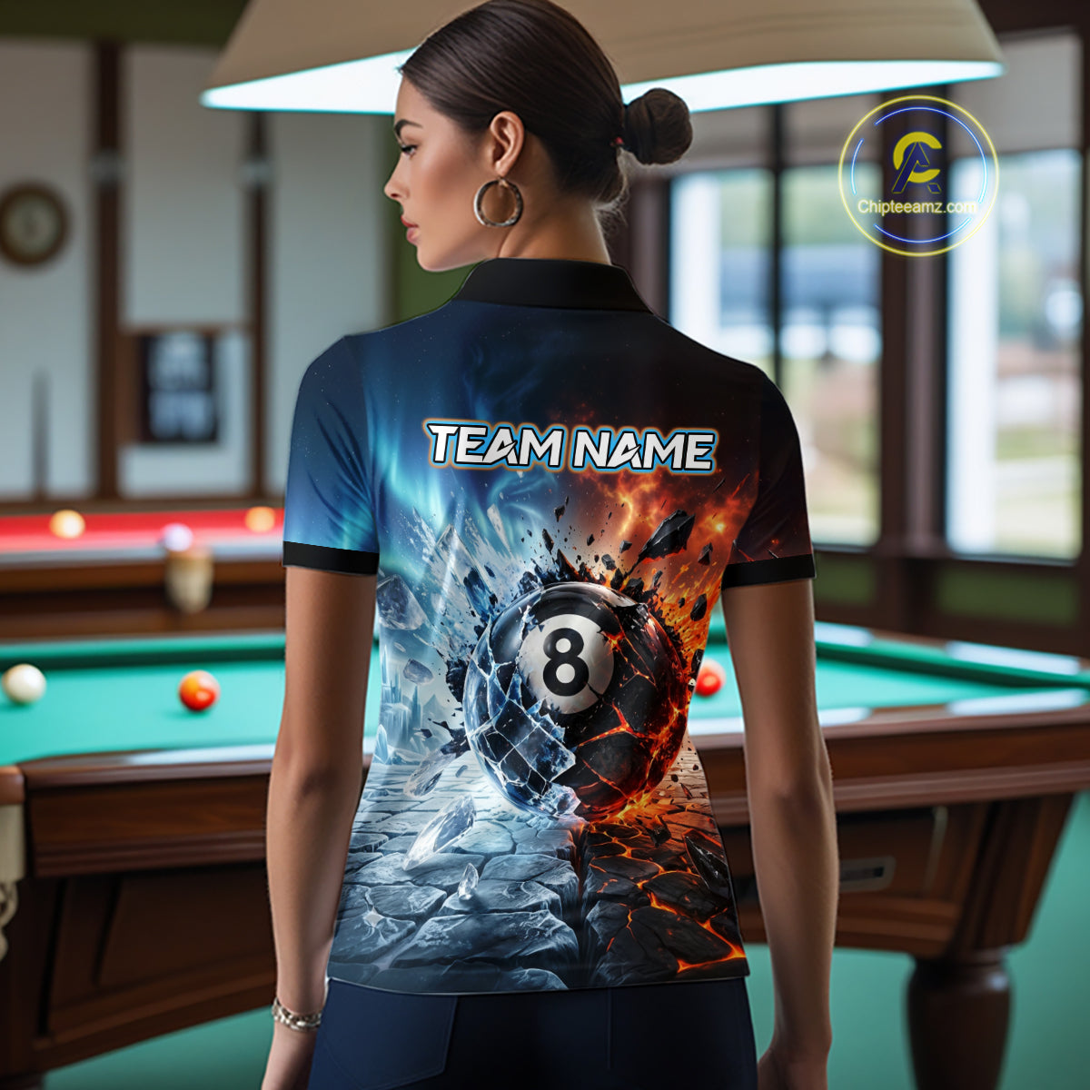 Custom Fire & Ice Billard Shirt 8 Ball Billiard Jersey for Women Pool Shirt Billiard Outfit BHT34