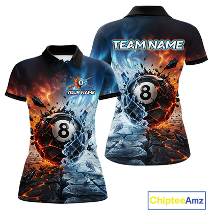 Two polo shirts with an 8-ball design and customizable text on a white background.