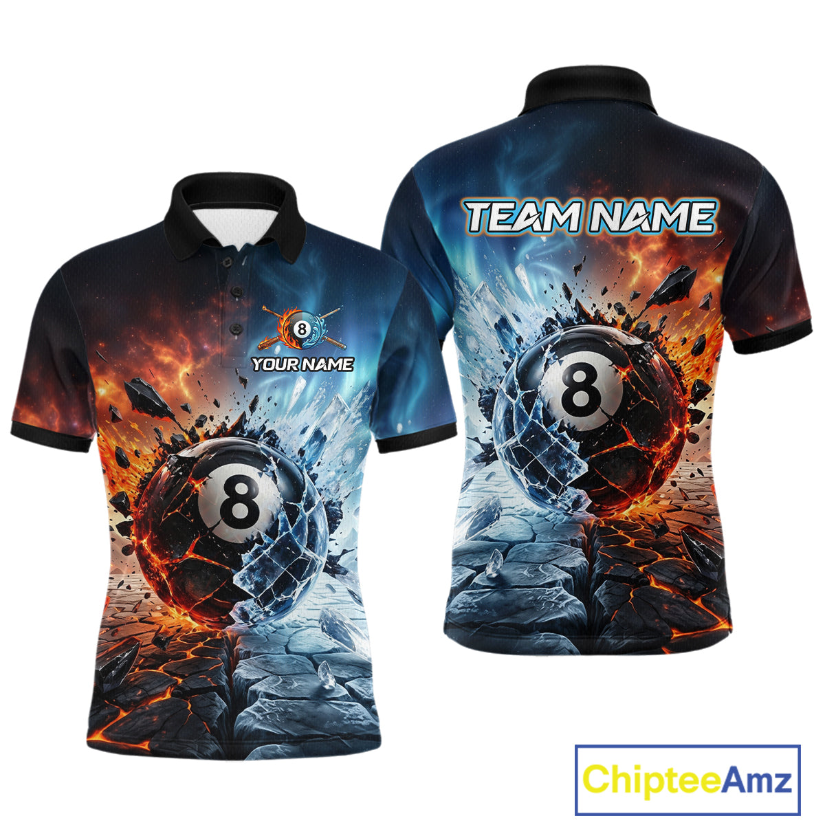 Two polo shirts with a 8-ball design on a white background, featuring 'Chiptee Amz' branding.