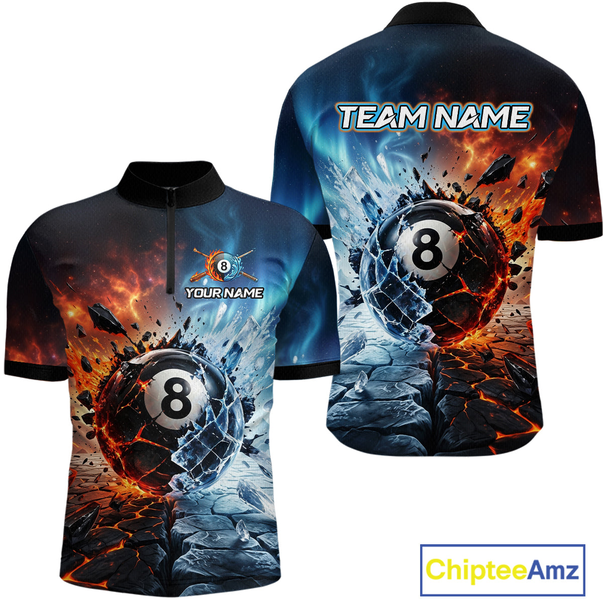 Two sports jerseys with fiery and icy 8-ball design, customizable text, and ChipteeAmz branding.