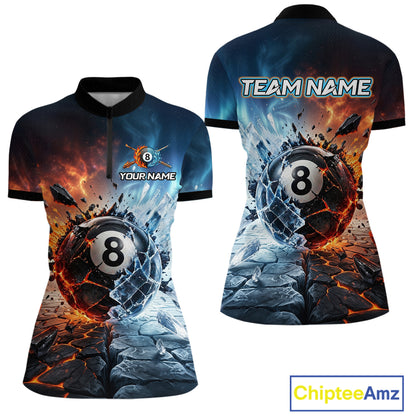 Two polo shirts with a 8-ball design and 'Team Name' text on a white background.