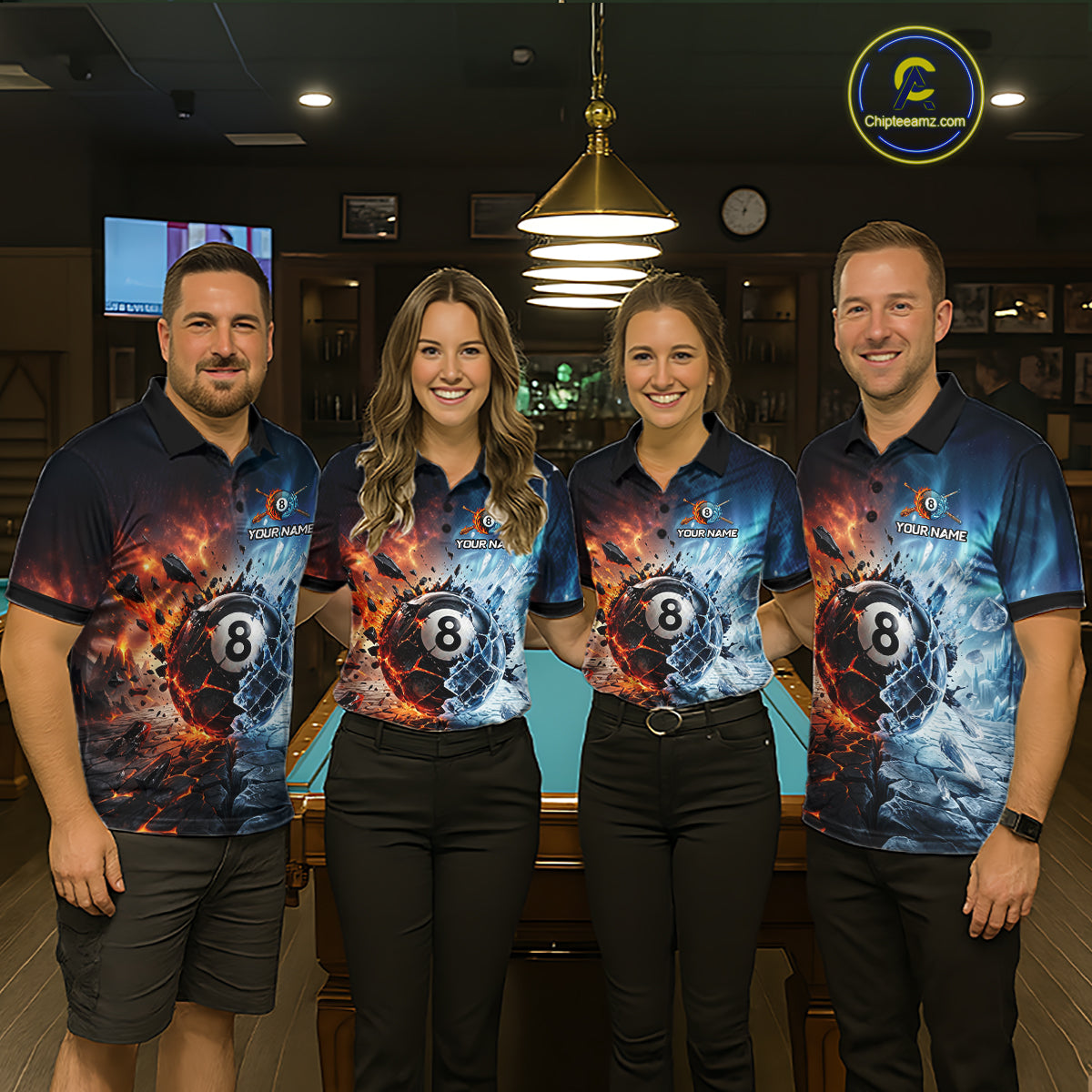 Four people wearing matching polo shirts with a pool table and bar setting in the background.