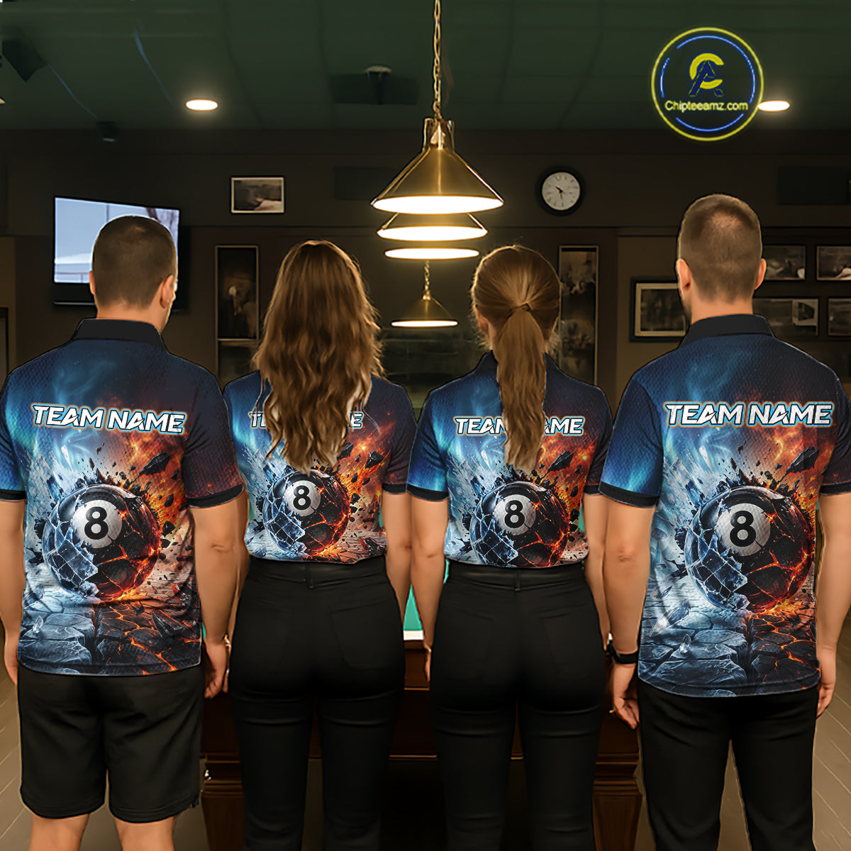 Four people wearing matching jerseys with 'Team Name' and number '8' on a pool hall background.