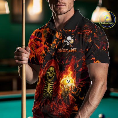 Person wearing a colorful polo shirt with a skull and number 9 design, holding a pool cue in a pool hall.