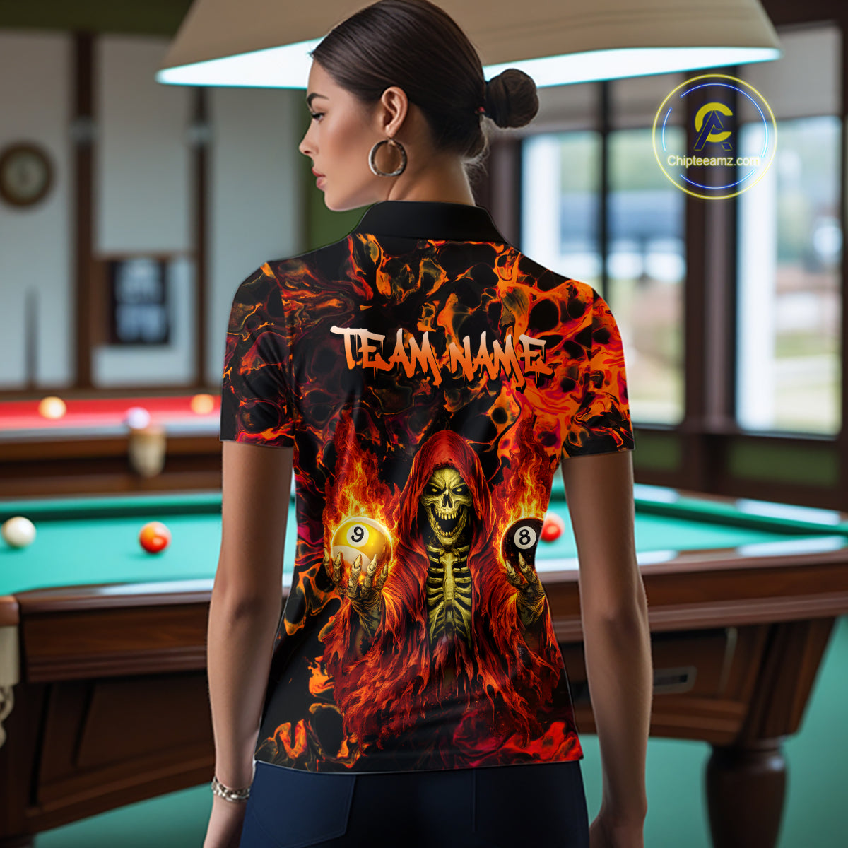 Person wearing a fiery-themed shirt with a pool table in the background