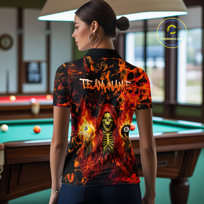 Person wearing a fiery-themed shirt with a pool table in the background