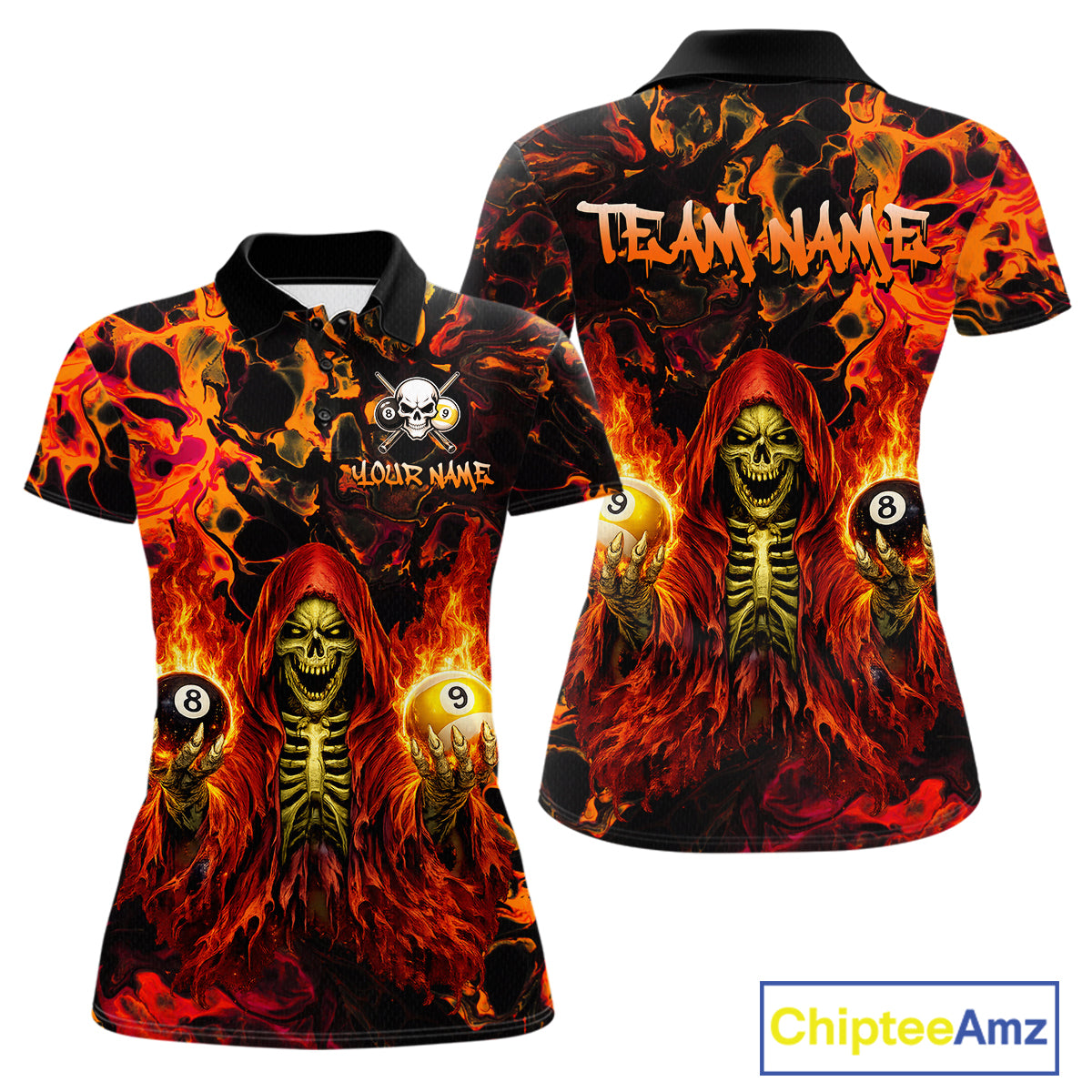Polo shirt with fiery design and skeleton holding a bowling ball, featuring 'Team Name' text.
