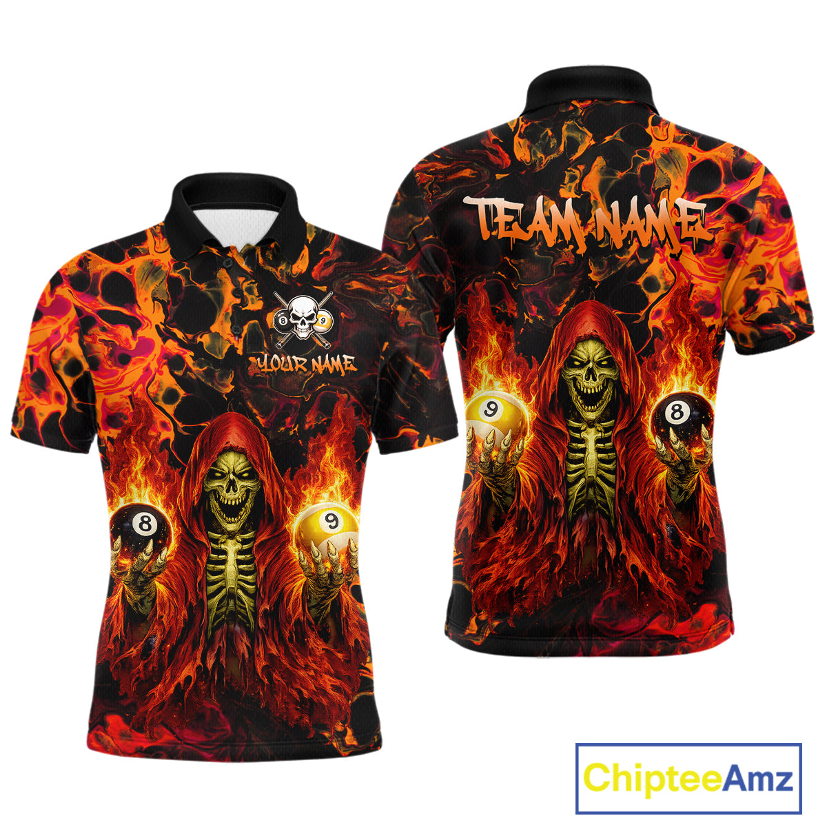 Two views of a shirt with a fiery design and skeleton holding balls, featuring the brand 'Chiptee Amz'.