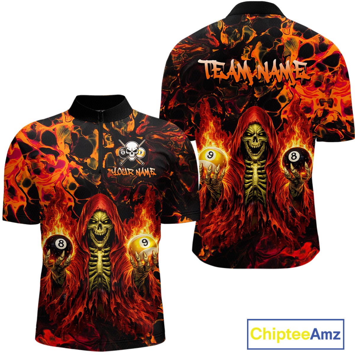Fire-themed shirt with skeleton design and 'Team Name' text, featuring Chiptee Amz branding.