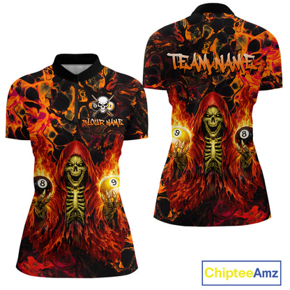 Two polo shirts with fiery design and skeleton holding billiard balls, featuring 'Team Name' and 'Chiptee Amz' branding.