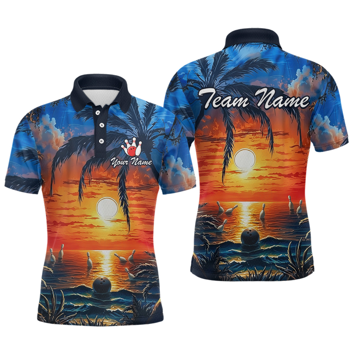 Custom Bowling Jersey Polo & 1/4 Zip Sunset Tropical Sublimated Bowling Shirt for Men QZT836