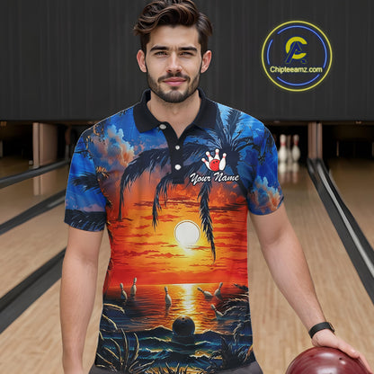 Custom Bowling Jersey Polo & 1/4 Zip Sunset Tropical Sublimated Bowling Shirt for Men QZT836