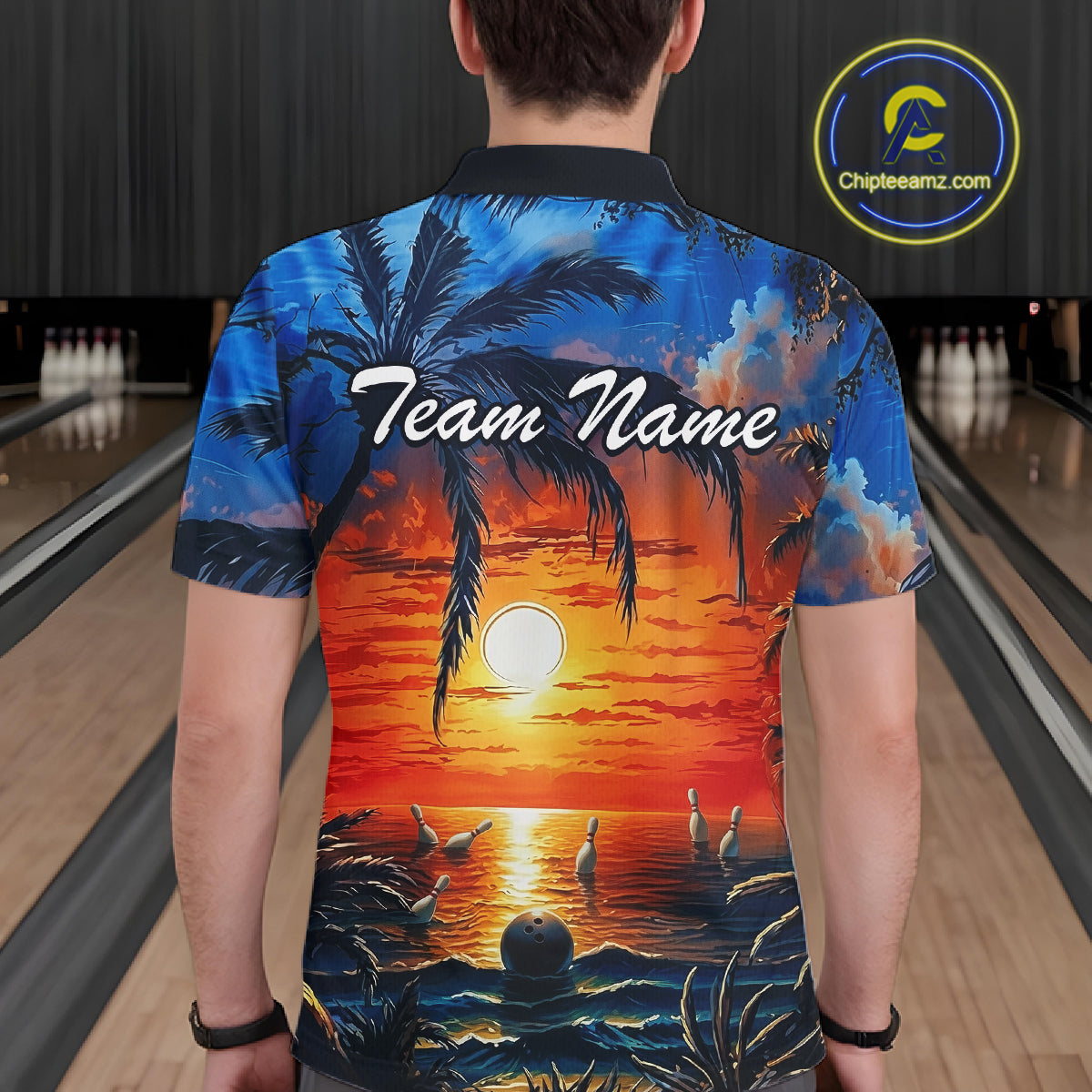 Custom Bowling Jersey Polo & 1/4 Zip Sunset Tropical Sublimated Bowling Shirt for Men QZT836