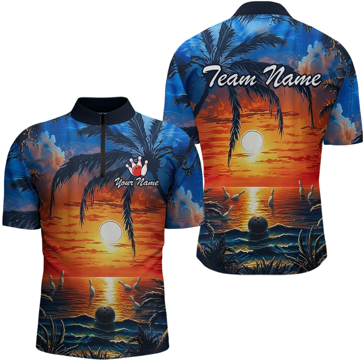 Custom Bowling Jersey Polo & 1/4 Zip Sunset Tropical Sublimated Bowling Shirt for Men QZT836