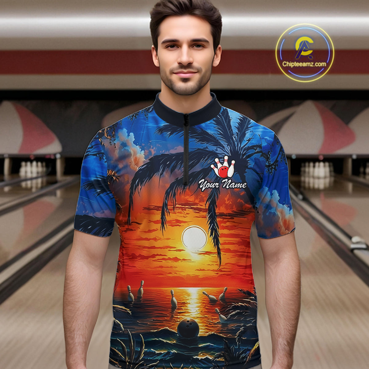 Custom Bowling Jersey Polo & 1/4 Zip Sunset Tropical Sublimated Bowling Shirt for Men QZT836