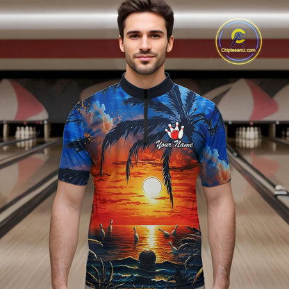 Custom Bowling Jersey Polo & 1/4 Zip Sunset Tropical Sublimated Bowling Shirt for Men QZT836