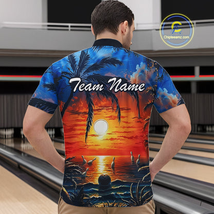Custom Bowling Jersey Polo & 1/4 Zip Sunset Tropical Sublimated Bowling Shirt for Men QZT836