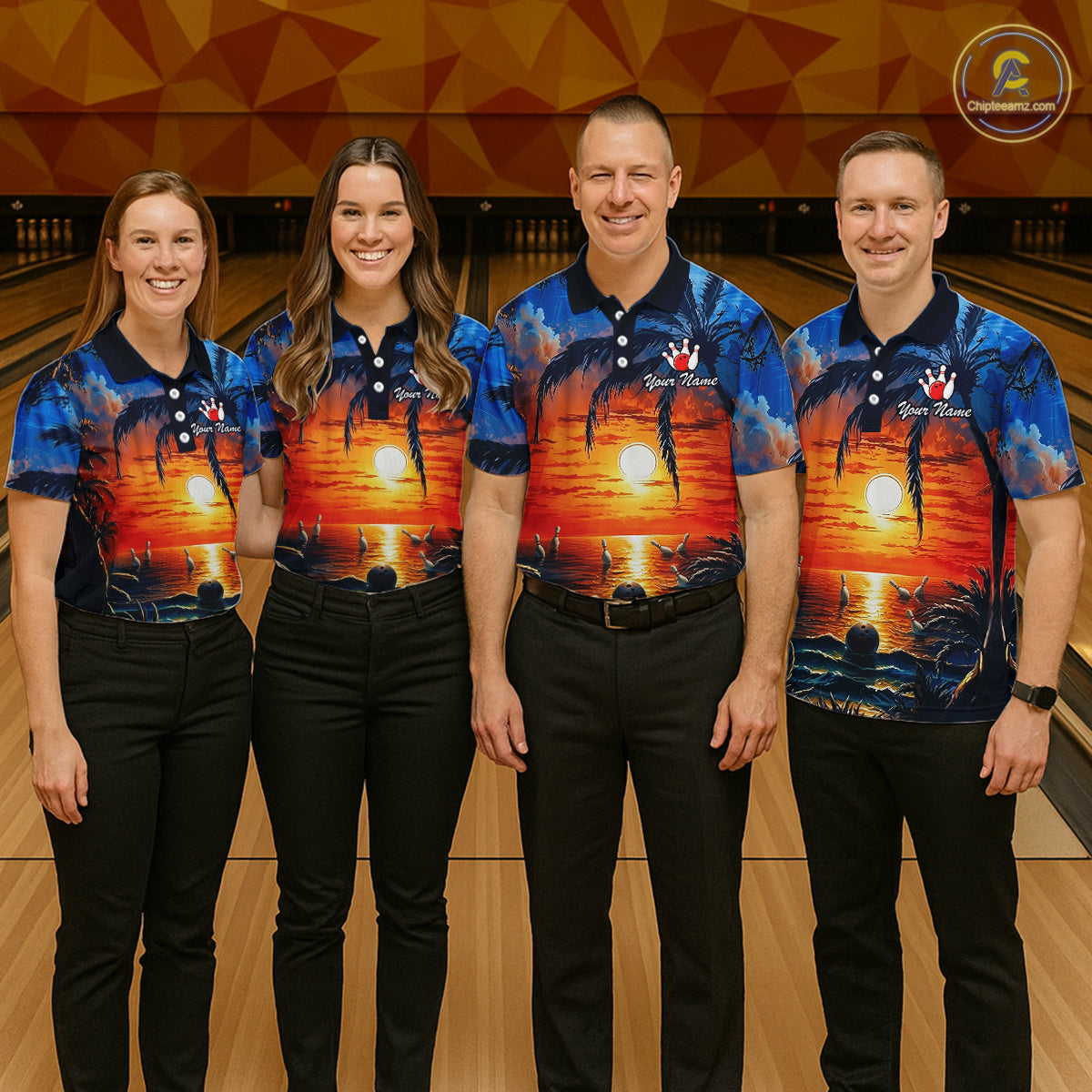 Custom Bowling Jersey Polo & 1/4 Zip Sunset Tropical Sublimated Bowling Shirt for Men QZT836