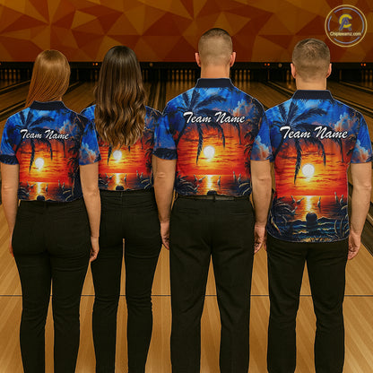 Custom Bowling Jersey Polo & 1/4 Zip Sunset Tropical Sublimated Bowling Shirt for Men QZT836