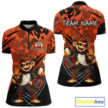 Load image into Gallery viewer, Front and back views of a short-sleeve collared athletic jersey with a red, orange, and black abstract background, featuring a cartoon monkey graphic holding a basketball and customizable text areas on the chest and back. A ChipteeAmz logo is visible in the bottom right corner.