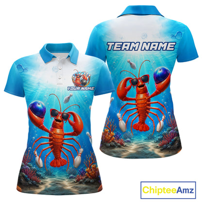 Polo shirt with a lobster design on a blue ocean background, featuring 'Chiptee Amz' branding.