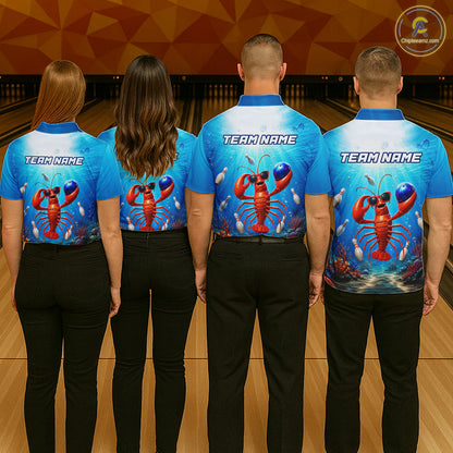 Four people wearing blue bowling shirts with lobster graphics and 'Team Name' text in a bowling alley.