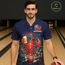 Load image into Gallery viewer, Man wearing a blue polo shirt with a colorful lobster design in a bowling alley.