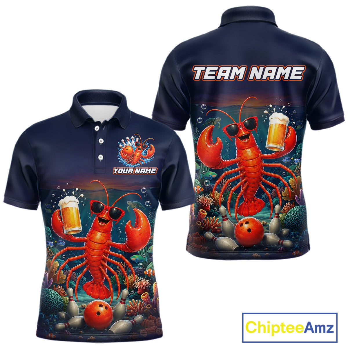 Navy blue polo shirt with lobster design on front and back, featuring 'Chiptee Amz' branding.