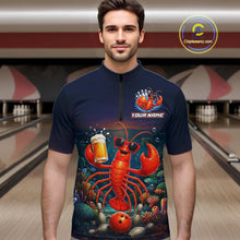 Load image into Gallery viewer, Man wearing a navy blue shirt with a lobster design in a bowling alley.